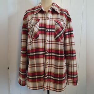Sage Collective Red Tan Plaid Fleece Lined Button Front Shirt Jacket Women XL